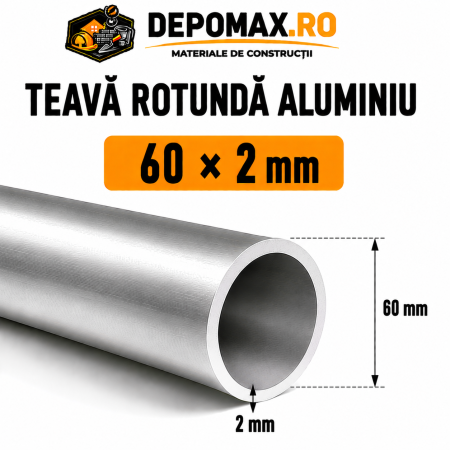 Teava rotunda aluminiu 60 x 2 mm, 6 metri (6060)